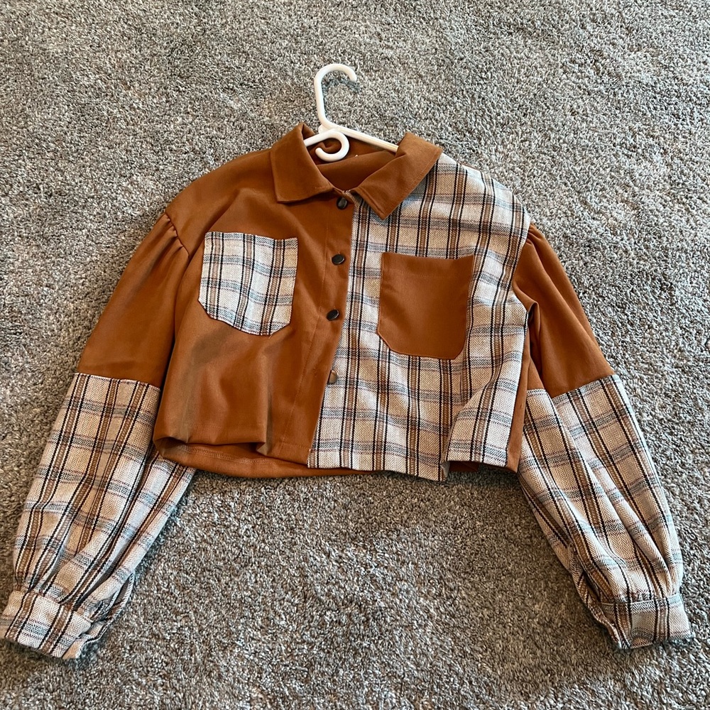 size small brown and plaid jacket from shein